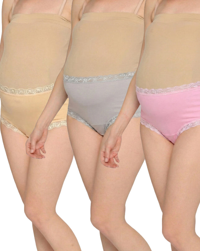 Evamomies Women's High Waist Soft Comfy Cotton Lycra Maternity Lace Panty | Pregnancy Panty | Maternity Panties (Pack of 3)