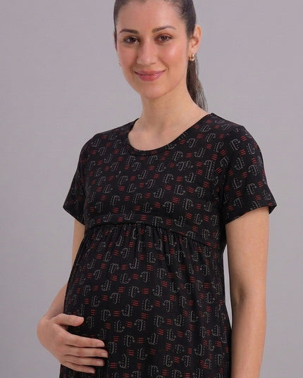 Evamomies Women Cotton Printed Knee Length Maternity Nighty for Nursing & Feeding