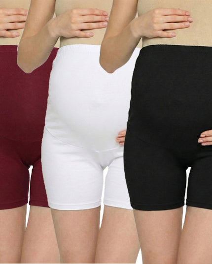 Evamomies Women's High Waist & Mid-Thigh Cotton Lycra Maternity Shorts|Pregnancy Panty|Maternity Panties Over The Belly  for the Pre & Post Pregnancy (Pack Of 3)