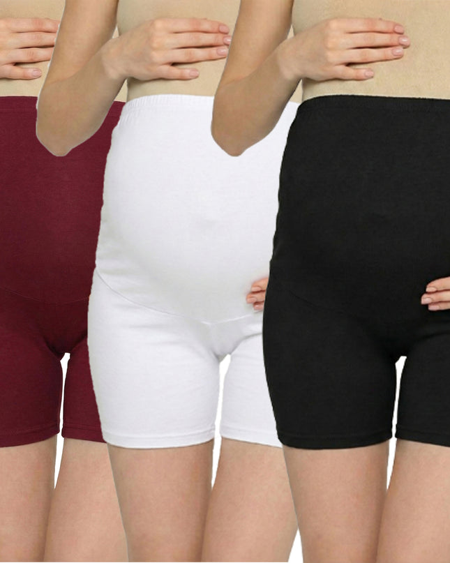 Evamomies Women's High Waist & Mid-Thigh Cotton Lycra Maternity Shorts|Pregnancy Panty|Maternity Panties Over The Belly  for the Pre & Post Pregnancy (Pack Of 3)
