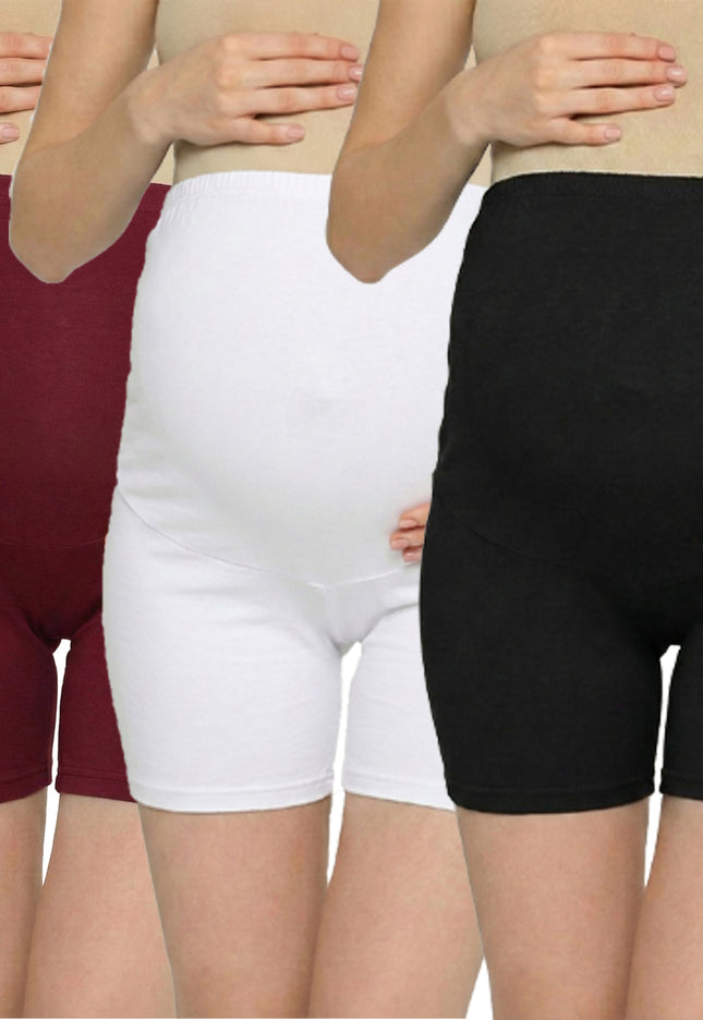 Evamomies Women's High Waist & Mid-Thigh Cotton Lycra Maternity Shorts|Pregnancy Panty|Maternity Panties Over The Belly  for the Pre & Post Pregnancy (Pack Of 3)