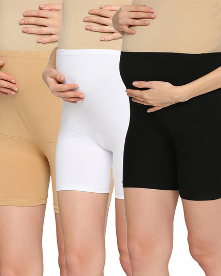 Evamomies Women's High Waist & Mid-Thigh Cotton Lycra Maternity Shorts|Pregnancy Panty|Maternity Panties Over The Belly  for the Pre & Post Pregnancy (Pack Of 3)
