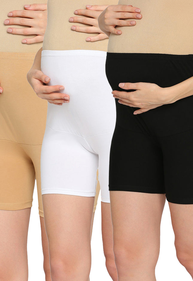 Evamomies Women's High Waist & Mid-Thigh Cotton Lycra Maternity Shorts|Pregnancy Panty|Maternity Panties Over The Belly  for the Pre & Post Pregnancy (Pack Of 3)