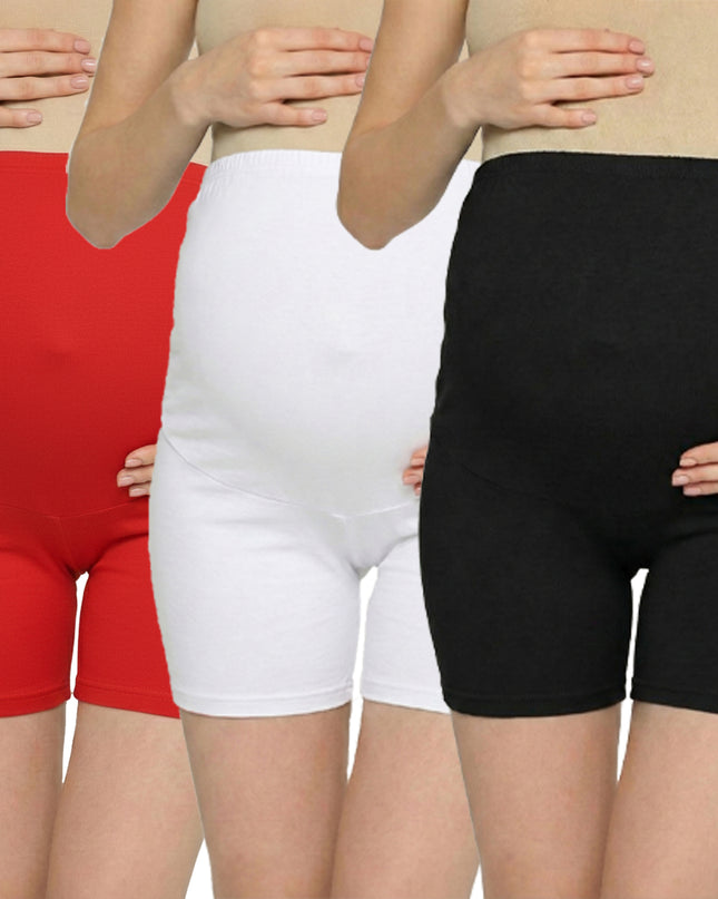 Evamomies Women's High Waist & Mid-Thigh Cotton Lycra Maternity Shorts|Pregnancy Panty|Maternity Panties Over The Belly  for the Pre & Post Pregnancy (Pack Of 3)