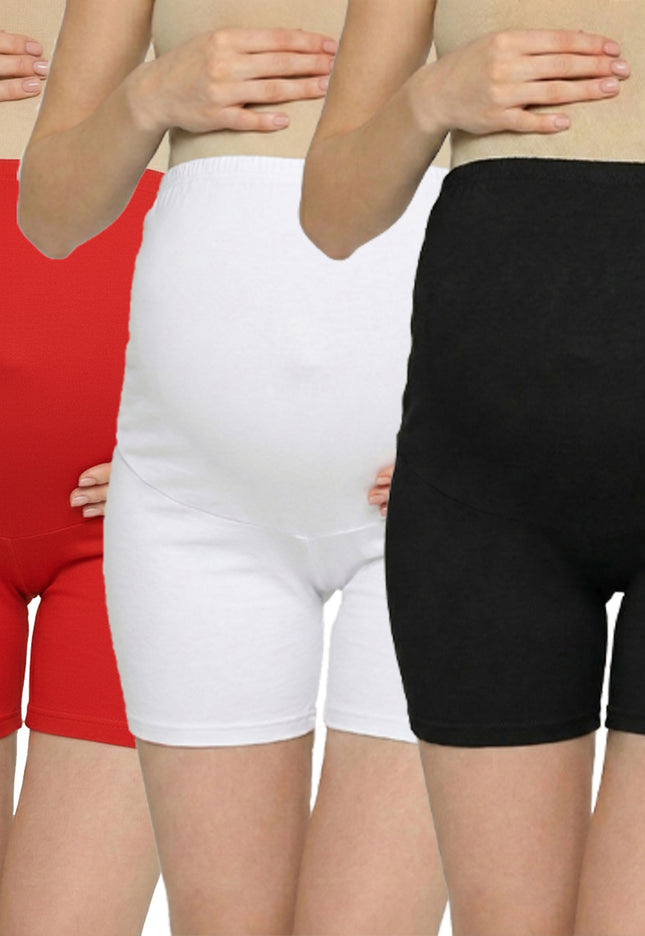 Evamomies Women's High Waist & Mid-Thigh Cotton Lycra Maternity Shorts|Pregnancy Panty|Maternity Panties Over The Belly  for the Pre & Post Pregnancy (Pack Of 3)