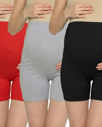 Evamomies Women's High Waist & Mid-Thigh Cotton Lycra Maternity Shorts|Pregnancy Panty|Maternity Panties Over The Belly  for the Pre & Post Pregnancy (Pack Of 3)