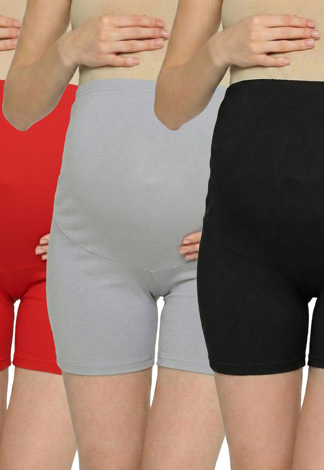 Evamomies Women's High Waist & Mid-Thigh Cotton Lycra Maternity Shorts|Pregnancy Panty|Maternity Panties Over The Belly  for the Pre & Post Pregnancy (Pack Of 3)