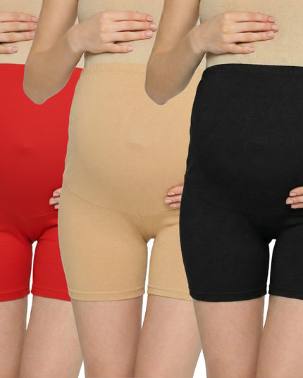 Evamomies Women's High Waist & Mid-Thigh Cotton Lycra Maternity Shorts|Pregnancy Panty|Maternity Panties Over The Belly  for the Pre & Post Pregnancy (Pack Of 3)