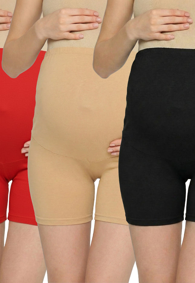 Evamomies Women's High Waist & Mid-Thigh Cotton Lycra Maternity Shorts|Pregnancy Panty|Maternity Panties Over The Belly  for the Pre & Post Pregnancy (Pack Of 3)