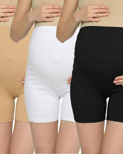 Evamomies Women's High Waist & Mid-Thigh Cotton Lycra Maternity Shorts|Pregnancy Panty|Maternity Panties Over The Belly  for the Pre & Post Pregnancy (Pack Of 3)