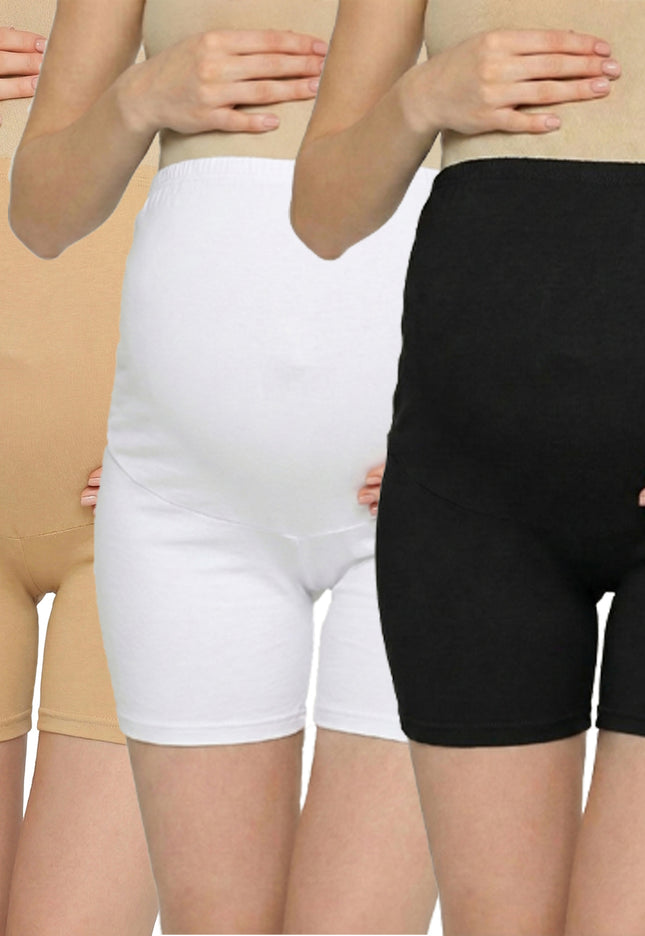 Evamomies Women's High Waist & Mid-Thigh Cotton Lycra Maternity Shorts|Pregnancy Panty|Maternity Panties Over The Belly  for the Pre & Post Pregnancy (Pack Of 3)